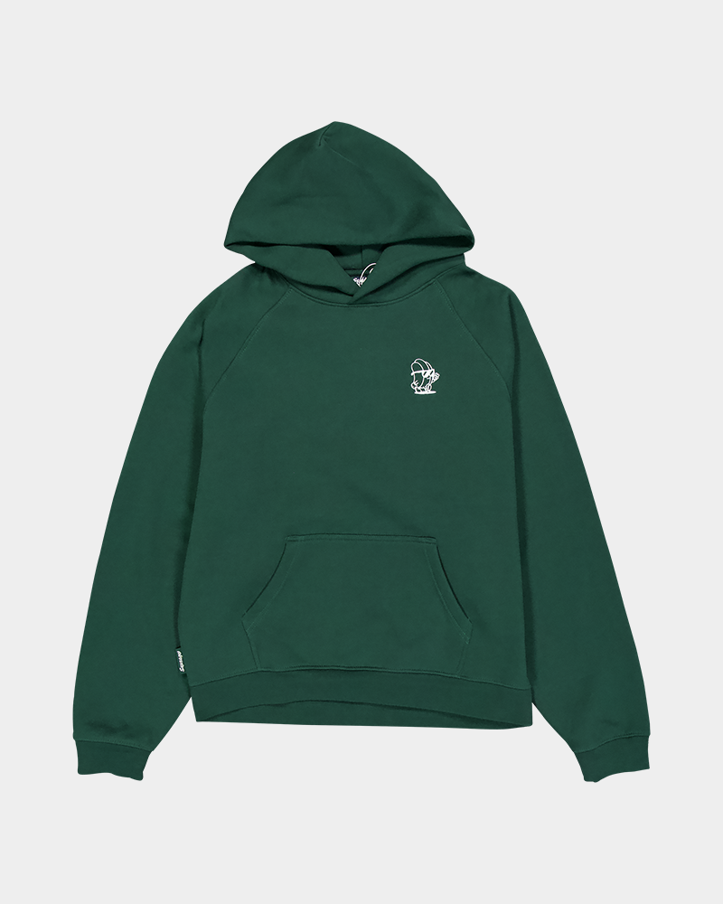 green hoodie displayed as flat layed