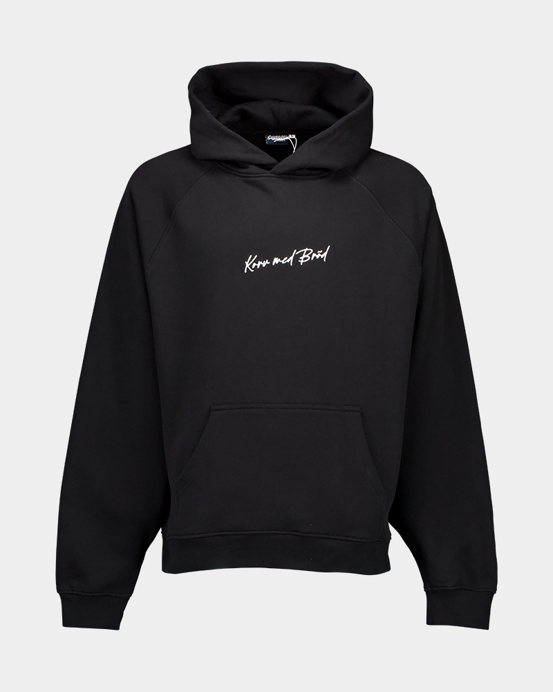 product image of black hoodie with the print korv med brod